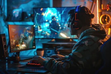 A moment of pure adrenaline as a gamer executes a flawless maneuver, their reflexes honed to perfection. - obrazy, fototapety, plakaty