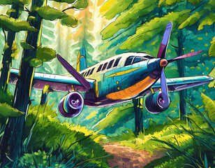 Ancient plane with propellers crashed in the center of the forest - 757531277