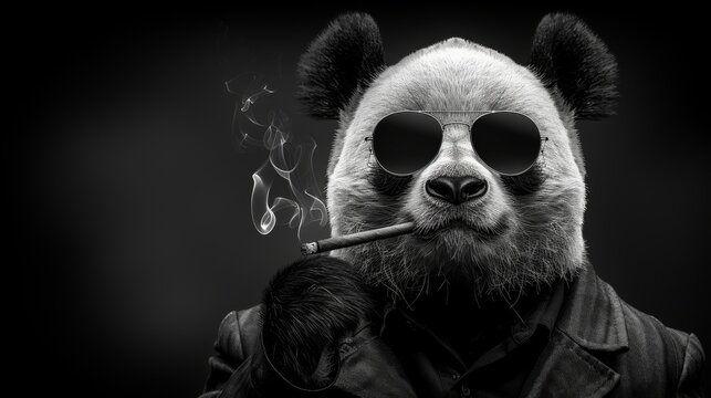a black and white photo of a panda bear wearing sunglasses and smoking a cigarette with smoke coming out of his mouth.