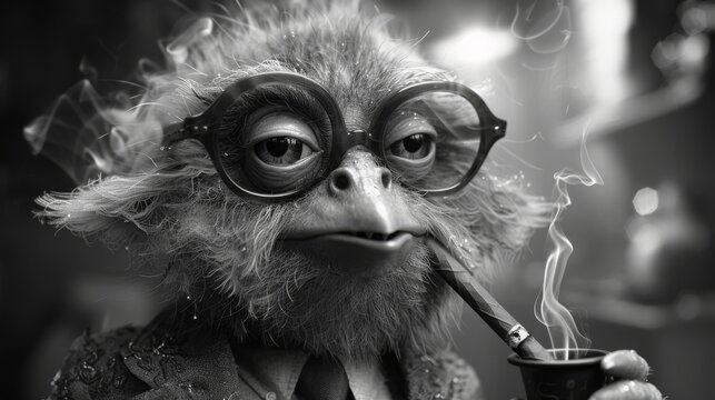 a close up of a monkey wearing glasses and holding a pipe with smoke coming out of it's mouth.