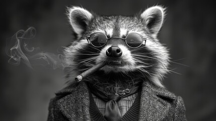 a raccoon wearing glasses and a jacket with a tie and tie around his neck and a cigarette in his mouth.