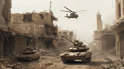 military equipment, including an armored personnel carrier, a tank, and a helicopter, amidst the ruins of a destroyed city, reflecting the ravages of war and conflict.