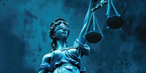 Stark Act: Lady Justice Statue in Close-up. Duotone Blue with White Text. Law and Lawyer Symbol for Justice and Fairness