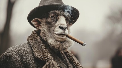 a sheep wearing a hat and glasses with a cigarette in it's mouth and wearing a jacket and tie.