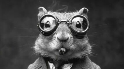 a black and white photo of a squirrel wearing goggles and a suit with a smoking cigarette in his mouth.