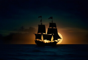 Black silhouette of the pirate ship in night.