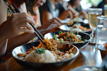 Thai Restaurant: Young People Enjoying Authentic Thai Food with Chopsticks in a Vibrant Eatery