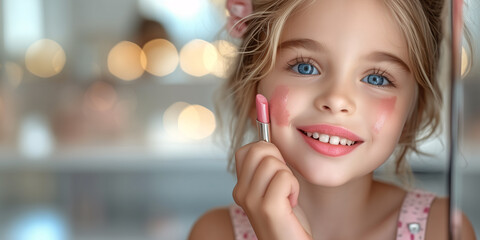 Little girl paints her lips with her mother's lipstick - obrazy, fototapety, plakaty