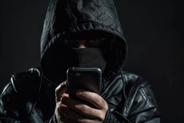 The Masked Fraudster: Ill-Intended Crime with Smartphone and Cyber Security Threats for Thieving Money - obrazy, fototapety, plakaty