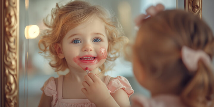 Little girl paints her lips with her mother's lipstick