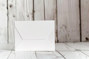 Vertical Greeting Card Mockup with Envelope on White Wooden Table. Closeup Blank Card Template with Copy Space for Custom Design