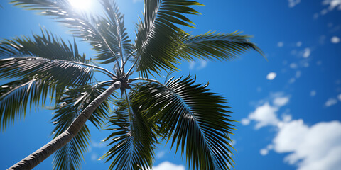 Fototapeta premium Palm tree against blue sky, bottom view