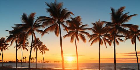 Fototapeta na wymiar Palm trees against sunset background
