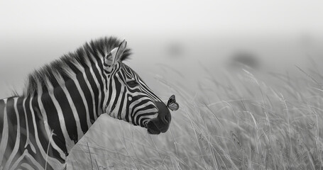 Fototapeta na wymiar a black and white photo of a zebra in a field of tall grass with a butterfly in it's mouth.