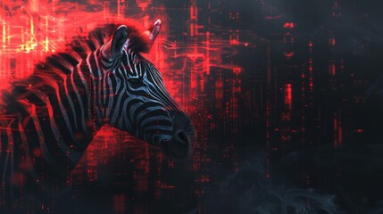a zebra standing in front of a red and black background with lines of light coming from it's head.