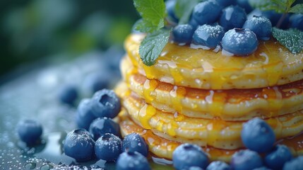 a stack of blueberries and corn on top of each other with green leaves and water droplets on top of them. - obrazy, fototapety, plakaty