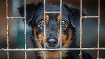 Dog in an enclosure, animal shelter  - obrazy, fototapety, plakaty