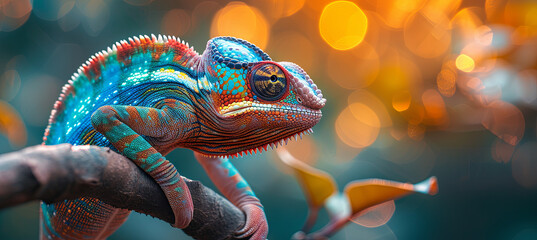 A colorful chameleon is a marvel of nature, bright bokeh background - obrazy, fototapety, plakaty
