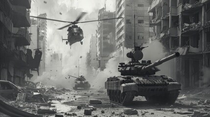 military equipment, including an armored personnel carrier, a tank, and a helicopter, amidst the ruins of a destroyed city, reflecting the ravages of war and conflict.