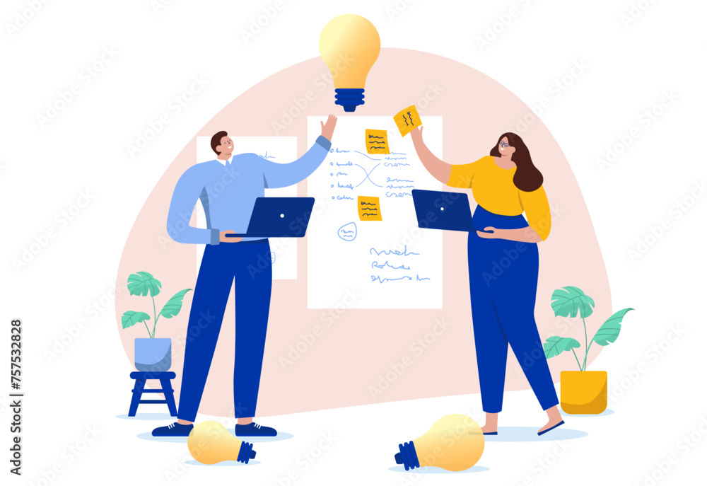 Fototapete Brainstorming and idea workshop - Two people working on whiteboard with sticky notes coming up with great idea for business. Creative project concept in flat design cartoon style vector illustration