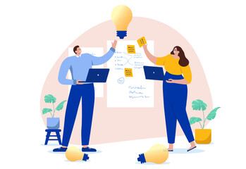 Brainstorming and idea workshop - Two people working on whiteboard with sticky notes coming up with great idea for business. Creative project concept in flat design cartoon style vector illustration
