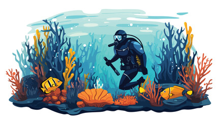Flat vector scene Deep-sea diver exploring coral re