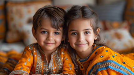 Portrait of Indian siblings in traditional cloth smiling together, marking joy of Siblings Day - obrazy, fototapety, plakaty