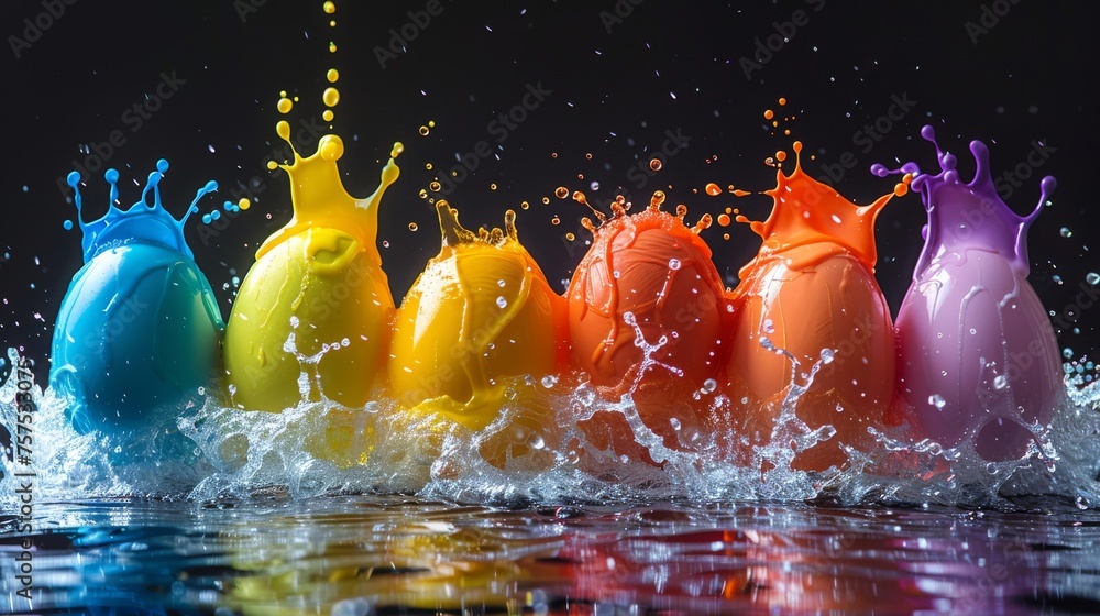 Poster a group of multicolored objects splashing in a body of water with a splash of water on top of them.