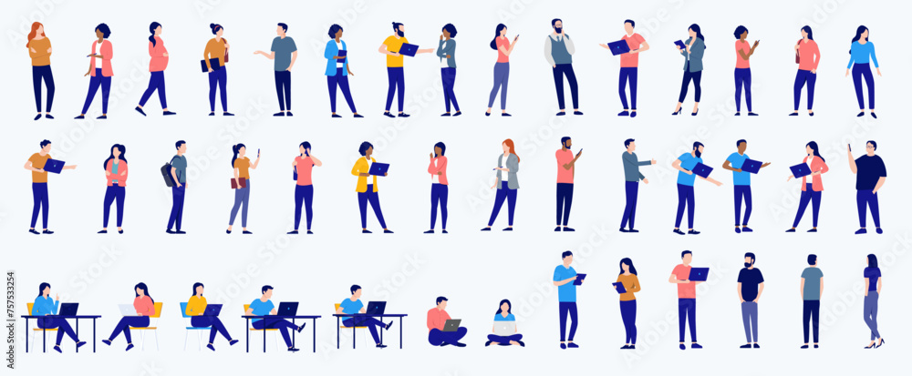 Aufkleber Vector office business people collection - Bundle of flat design illustrations with businesspeople characters in various poses working on computers, talking, standing and sitting