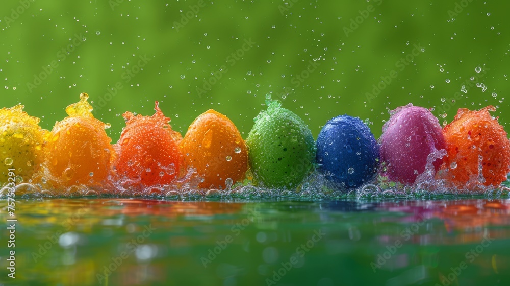 Poster a row of multicolored eggs with water splashing out of them on a green surface with a green backgrou