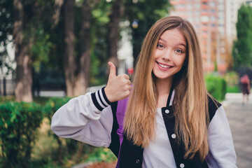 Fototapeta premium Photo portrait of lovely teenager lady show thumb up good quality wear trendy uniform garment autumn park sunny day background