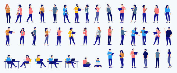 Vector office business people collection - Bundle of flat design illustrations with businesspeople characters in various poses working on computers, talking, standing and sitting - obrazy, fototapety, plakaty