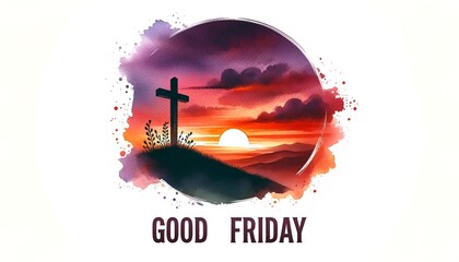 Watercolor illustration for good friday with cross silhouette at sunset.