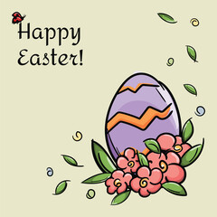 Easter card with painted egg and flowers. Ladybug sits on the text Happy Easter. Bright vector illustration.