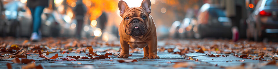 adorable cute funny english bulldog in the city, pet in New York, - obrazy, fototapety, plakaty
