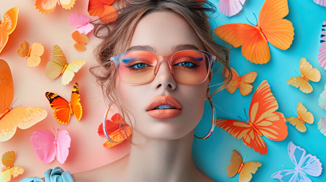 Beautiful fashion model woman with sunglasses,  Fashion portrait isolated on pastel butterflies background	
