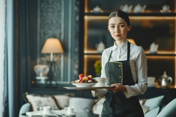 Fototapeta premium Waitress in uniform delivering tray with food in a room of hotel. Special service of VIP guests.