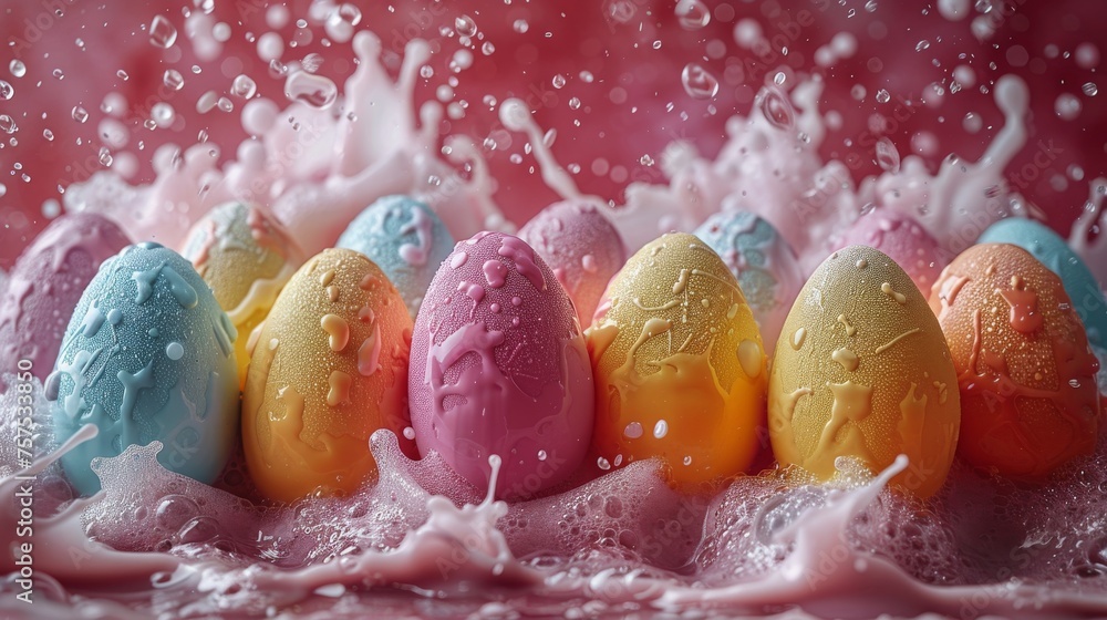 Poster a group of colored eggs sitting on top of a table covered in water and splashing on top of each othe