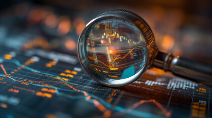 Market Analysis Focus: Magnifying Glass Over Detailed Financial Charts and Graphs - obrazy, fototapety, plakaty