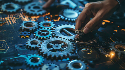 A person arranging a puzzle of gears, representing integrating technology into business workflows