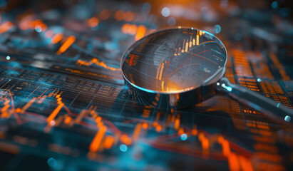 Close-Up of Magnifying Glass Analyzing Financial Growth Charts on Digital Display
