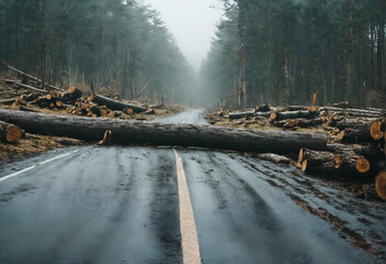 Trees chopped in forest. Felled timber. Deforestation