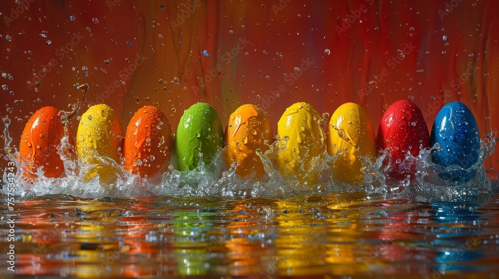 Poster a row of colorfully painted eggs splashing into a body of water with a red wall in the background.