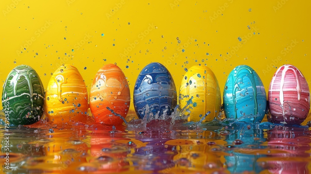 Poster a row of brightly colored easter eggs with water splashing around them on a yellow background with a