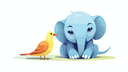 Greeting card cute cartoon Elephant with bird flat