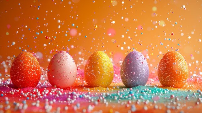 a row of colorful easter eggs sitting on top of a table covered in confetti and sprinkles.