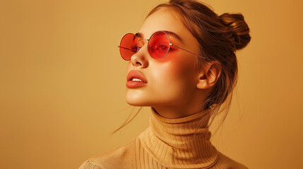 Beautiful fashion model woman with bright red eyes shades, Fashion portrait isolated on yellow...