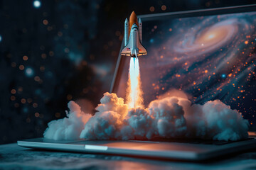 Space rocket launching from laptop, symbolizing start-up and innovative technology concepts.