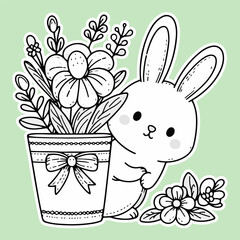 Adorable easter rabbit or bunny peeking out from behind a flower vase. Sticker for easter day.