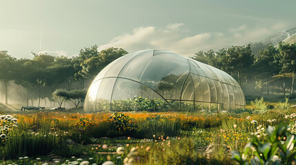a dome around the farm for protects the plants from external weather conditions. - obrazy, fototapety, plakaty